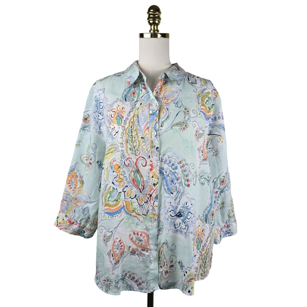 Chico's Paisley Linen Shirt Women Size 3 XL Aqua Blue 3/4 Sleeve